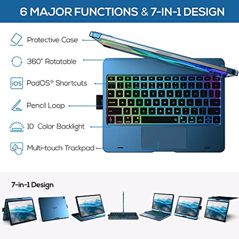 Typecase Touch Keyboard Case with Trackpad for iPad Air 5th Gen (10.9-inch, 2022): 360° Rotatable - 11 Colors Backlight - Wireless Keyboard with Pencil Holder for iPad Air 5th & 4th Gen